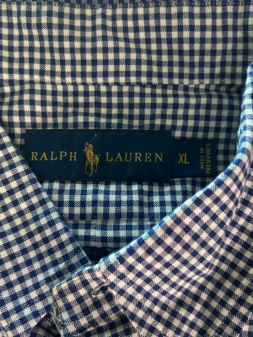 Ralph Lauren Button Down Shirt XL Navy White Check Cotton Stretch Long Sleeve